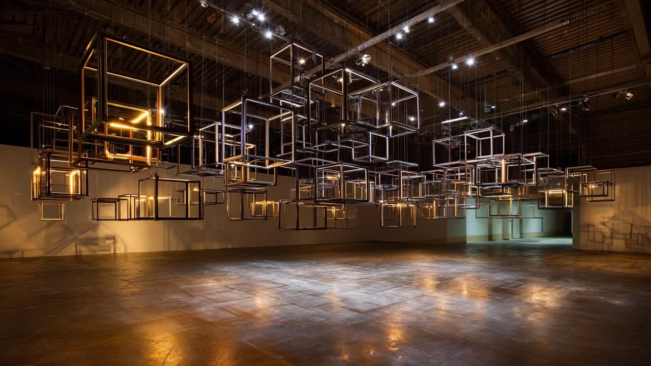 Modern Art Installation Featuring Suspended Geometric Frames Illuminated by Soft Lighting, Creating a Unique Visual Experience in an Open Space