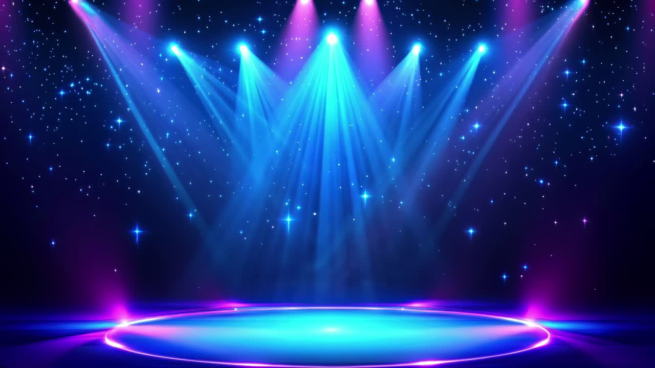 A vibrant stage with colorful spotlights and a starry backdrop, captured from a low angle, perfect