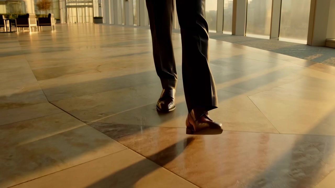 Primo piano dal basso delle gambe e delle scarpe di pelle lucida di un professionista che cammina su un pavimento a larghe assi di legno in una luminosa hall di un ufficio moderno