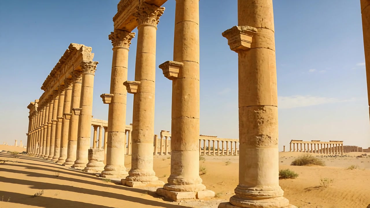 Telecamera che esegue una panoramica muovendosi lungo un'antica colonnata in pietra in un sito desertico, documentando colonne e rovine.