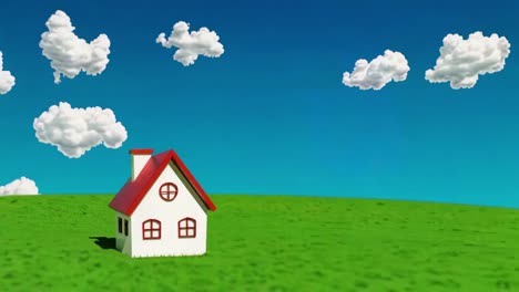 cartoon house in a green field