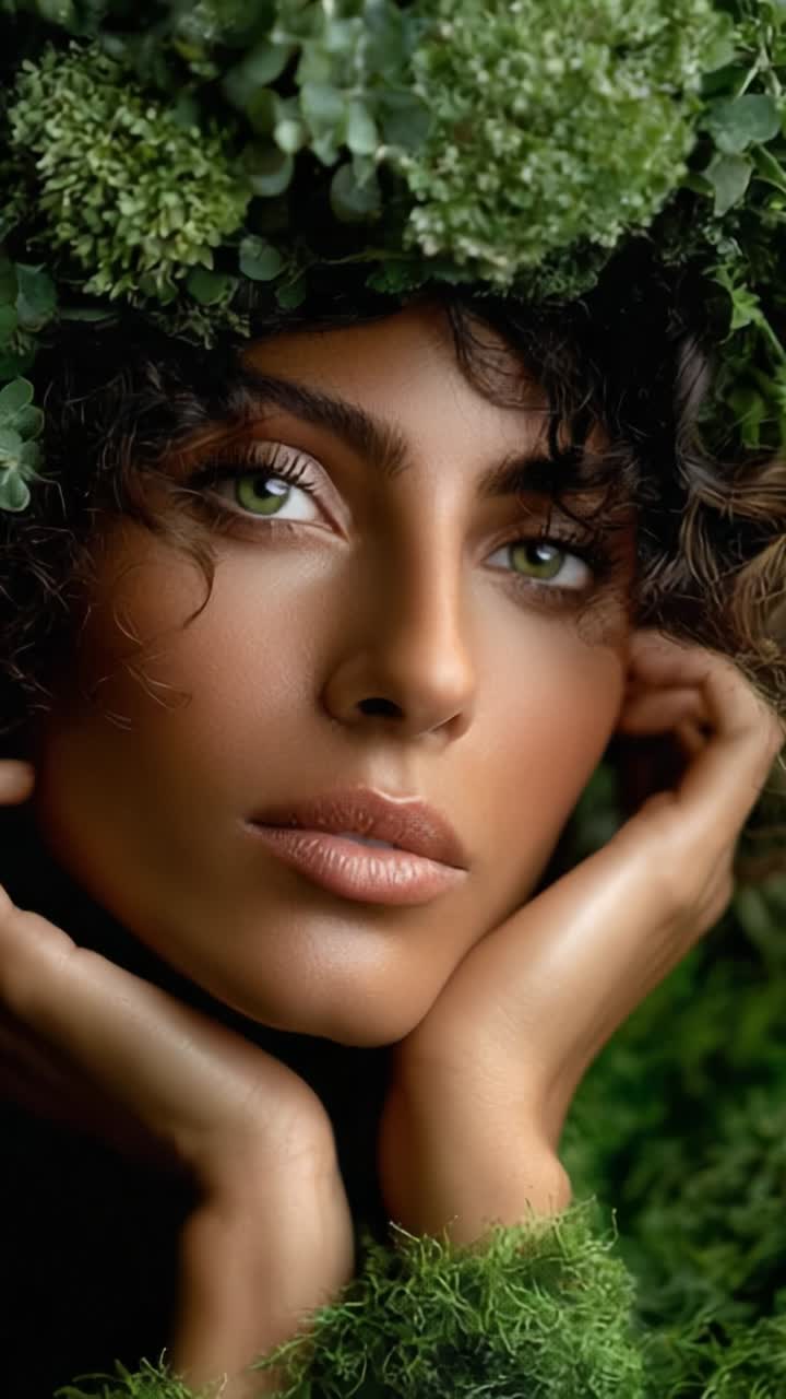 A Captivating Green Portrait of a Serene Beauty Surrounded by Lush Botanicals, Showcasing Nature's Harmony with an Elegant and Mesmerizing Expression