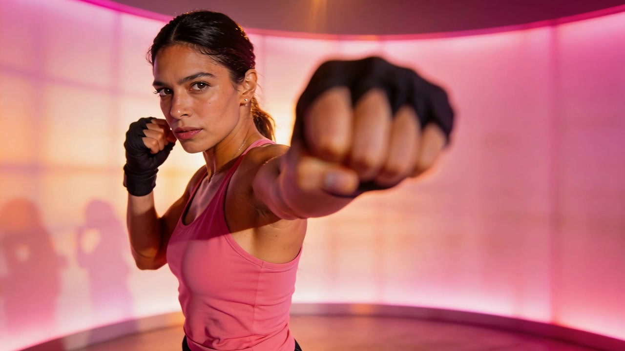 Mulher determinada praticando socos de boxe em um estúdio moderno