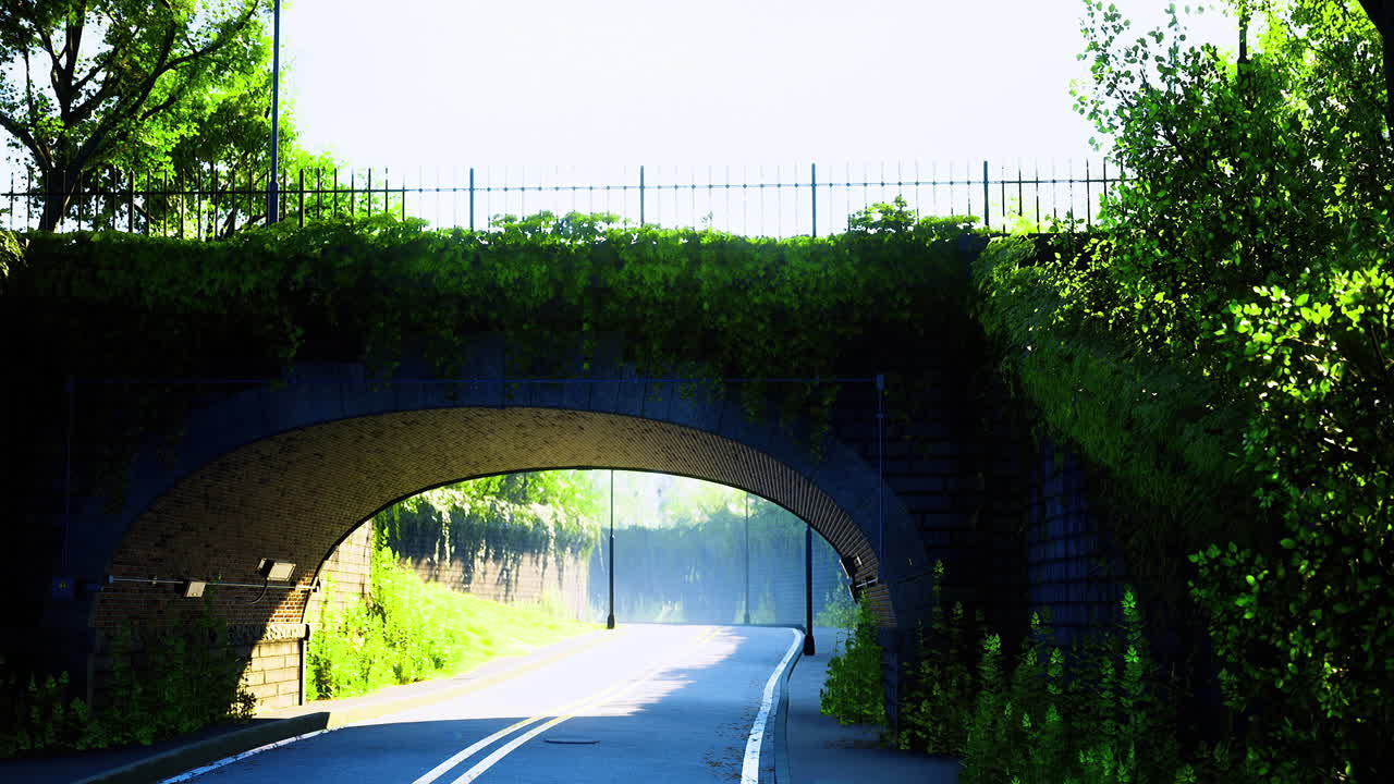 Scenic view of a quiet road passing under a lush green archway
