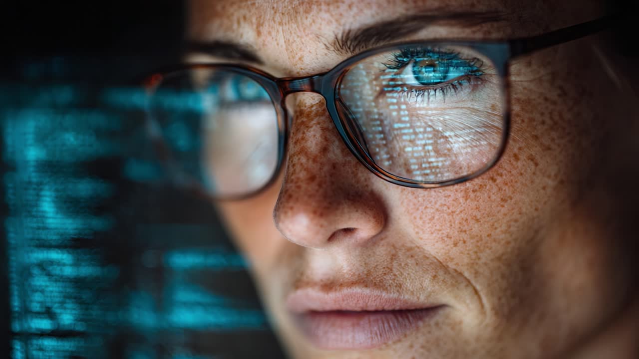 Focused Programmer Analyzing Code on Screen with Intensely Reflective Glasses, Highlighting the Depth of Concentration in Modern Technology Work