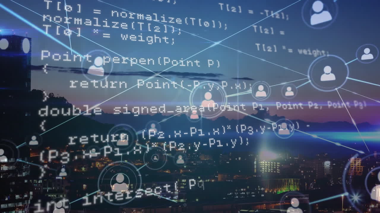 Programming code and network connections animation over cityscape at night