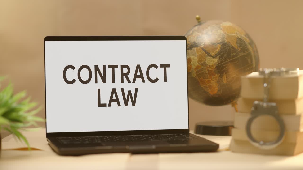 CONTRACT LAW DISPLAYED IN LEGAL LAPTOP SCREEN