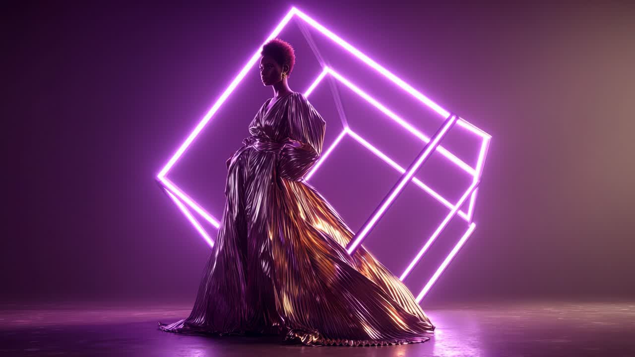 Elegant kvinde i guldkjole med neonkube