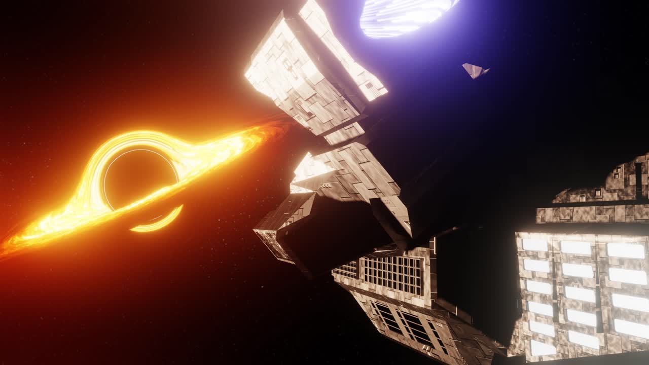 Futuristic spacecraft flying toward black hole in cosmos