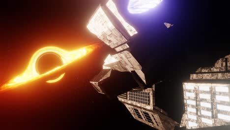 futuristic spacecraft flying toward black hole in cosmos