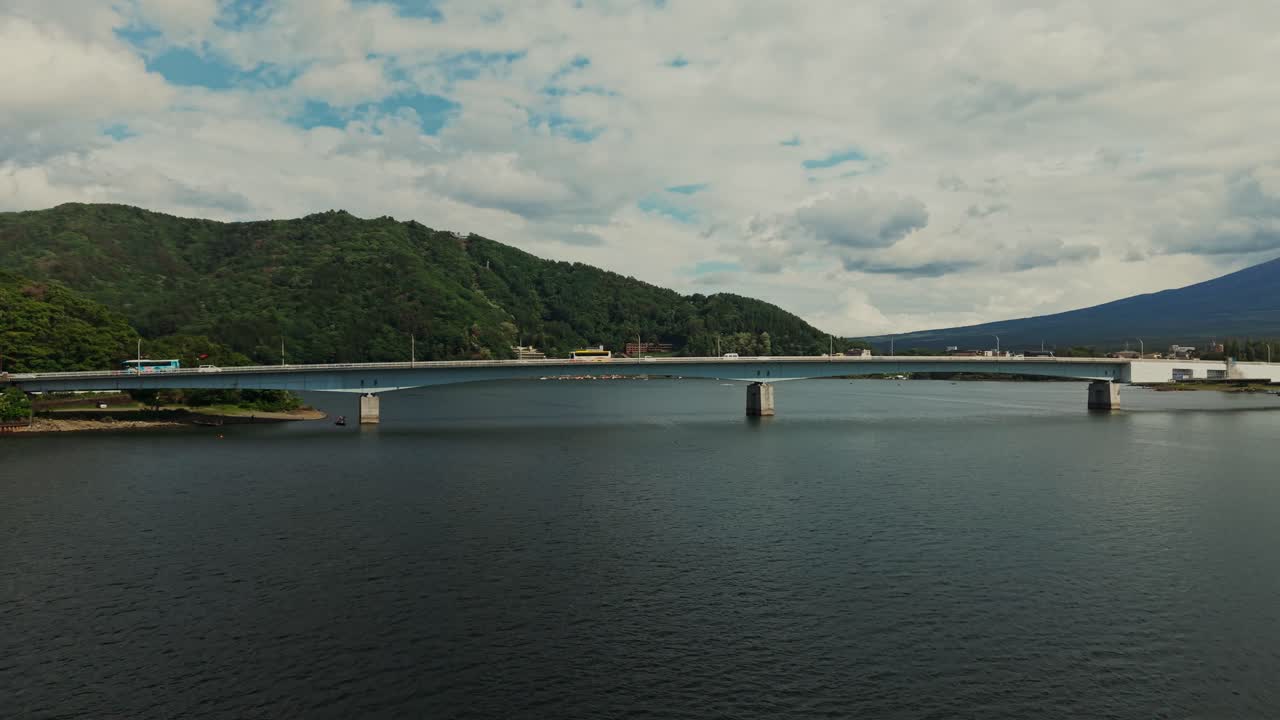 Bridge Over Lake with Mountain Backdrop