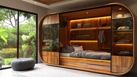 modern wooden capsule bedroom with integrated storage and garden view