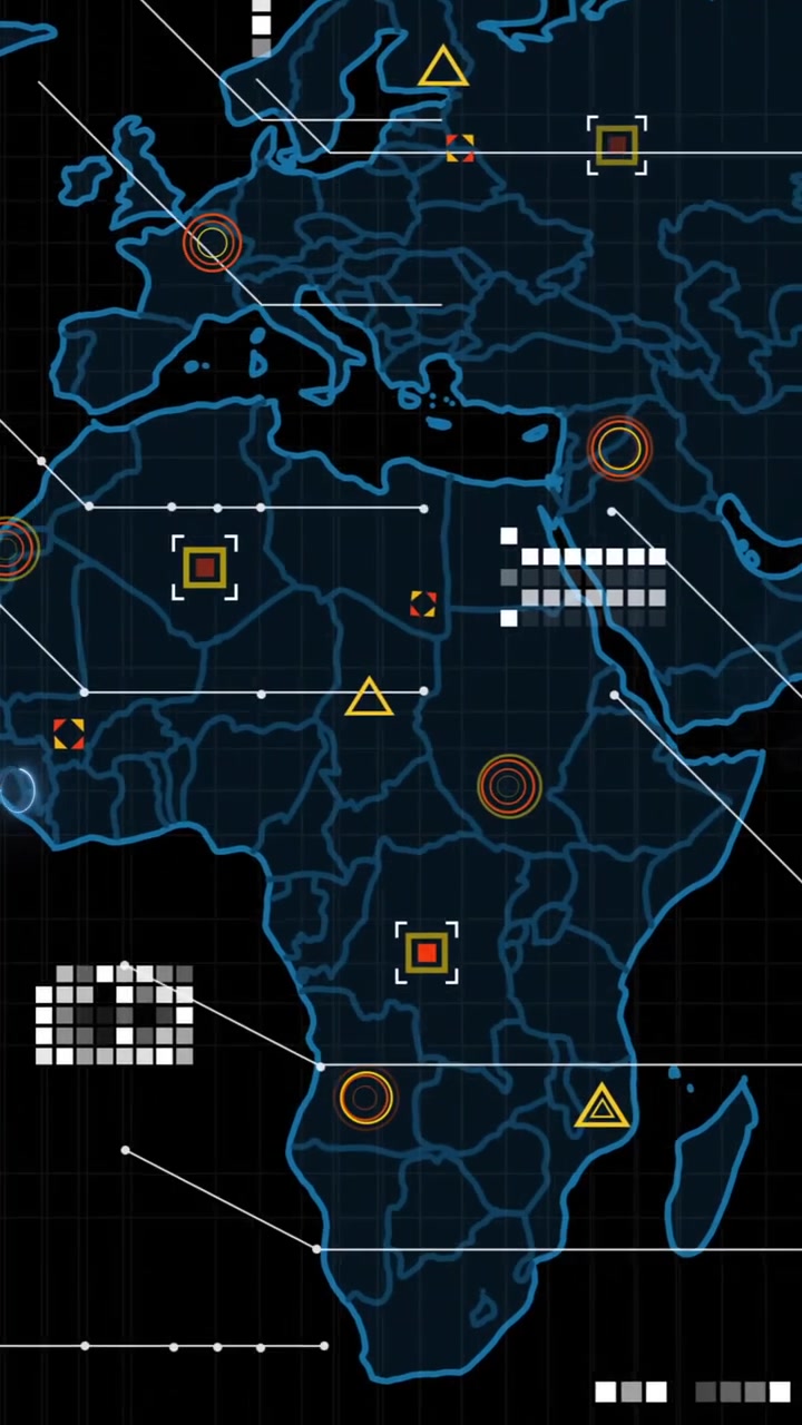 Animation of data processing and world map over dark background