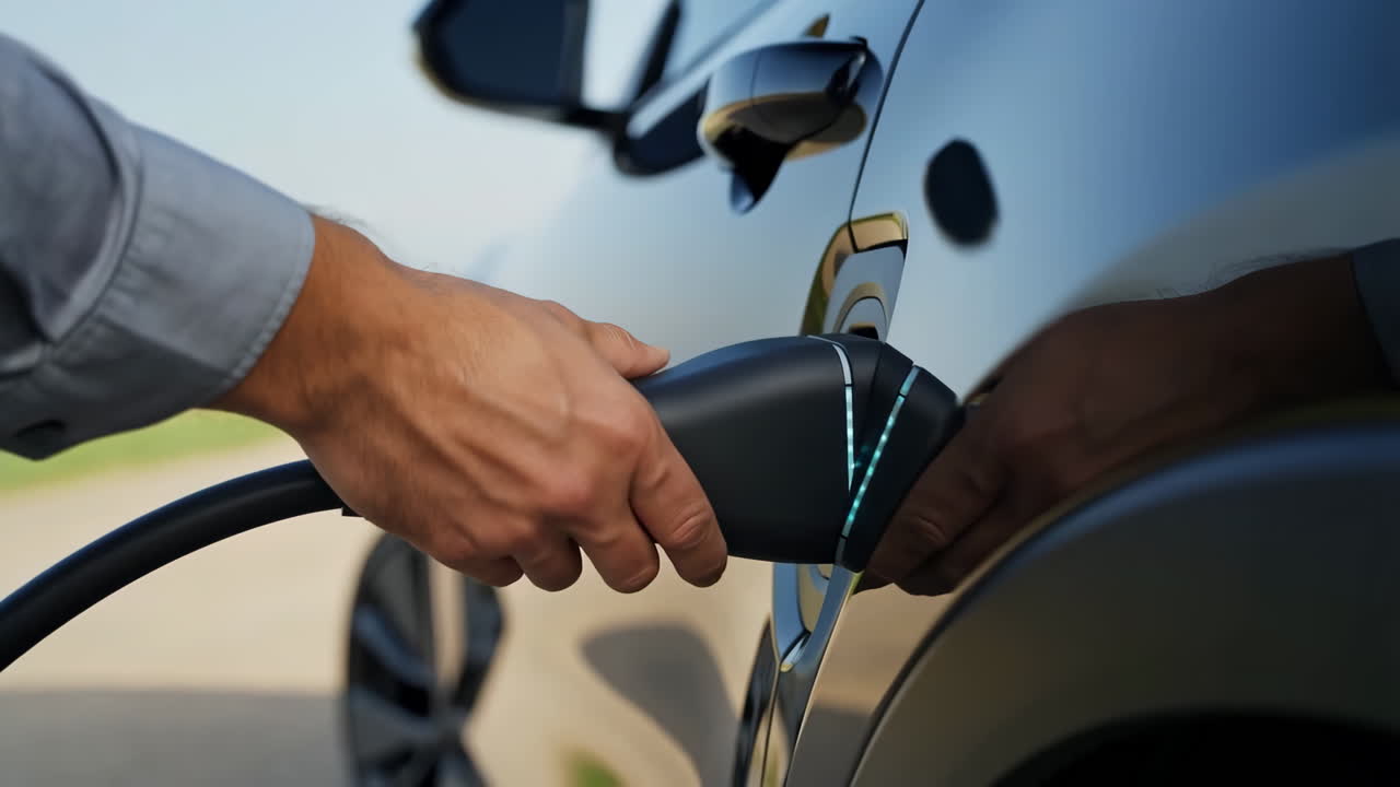 Man Plugging Electric Vehicle Charging Cable into Car
