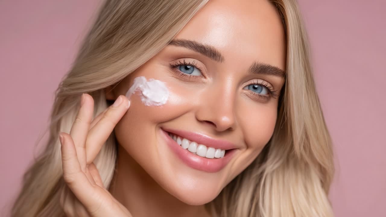 A Close-Up of a Smiling Woman Applying Cream to Her Face, Showcasing Healthy Skin and Radiant Beauty Against a Soft Pink Background