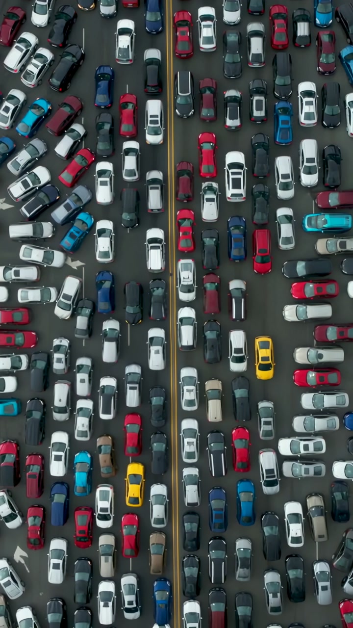 Vertical video: Overhead drone causing cars shifting across lanes and median for parking study