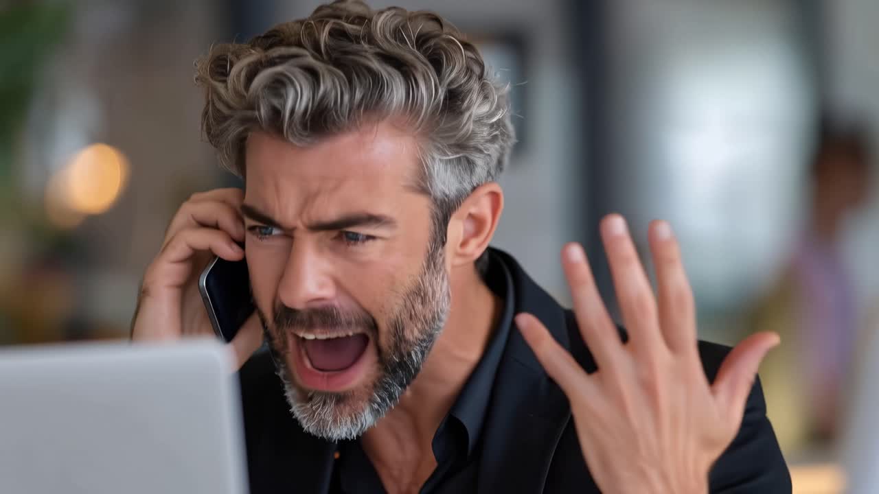 Angry Businessman on Phone: Intense Argument in a Modern Office Environment, Conveying Frustration and Stress While Managing Work Responsibilities