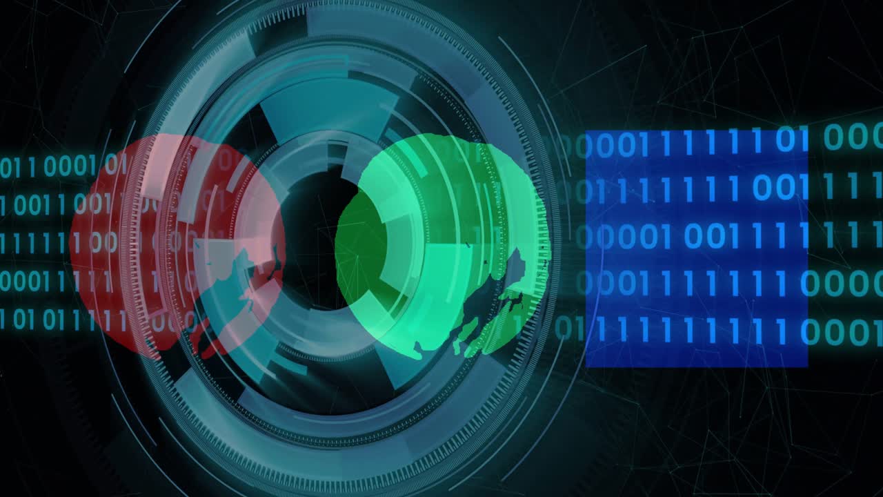 Rotating digital globe with binary code and data processing animation