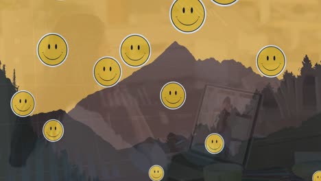 Animation-Von-Smiley-Gesichtern,-Die-über-Der-Landschaft-Schweben