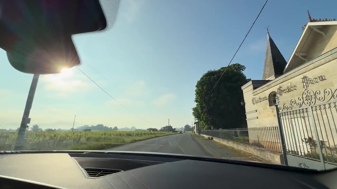 Ripresa in soggettiva mentre si guida oltre rigogliosi vigneti e storiche tenute in pietra in una giornata di sole.