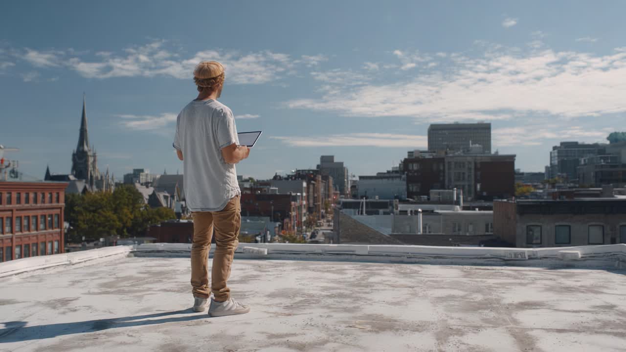 A Young Man Standing on a Rooftop, Using a Laptop While Overlooking a Cityscape with a Beautiful Sky and Urban Architecture