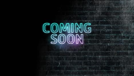 Animation-of-neon-coming-soon-text-over-black-brick-wall