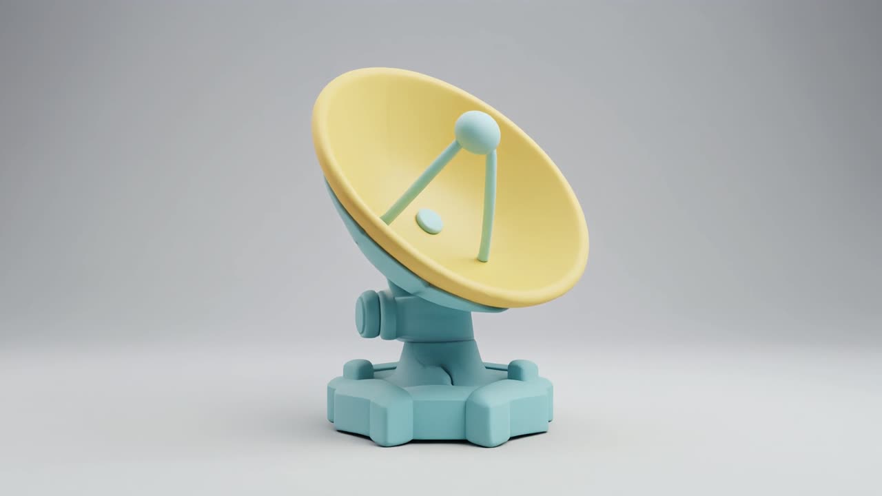 3D-animierte Satellitenschüssel, die auf grauem Hintergrund rotiert