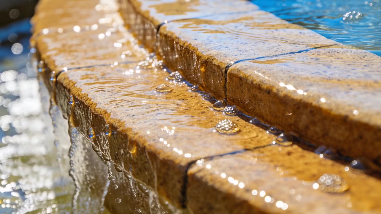 Recirculating water overflowing wet curved stone coping at pool edge, producing sparkling droplets