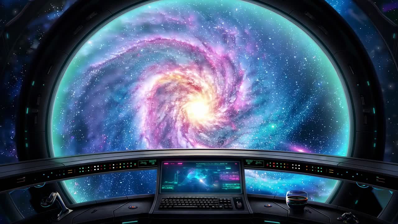 Futuristic spaceship cockpit view of a colorful galaxy swirl, captured from a first-person video