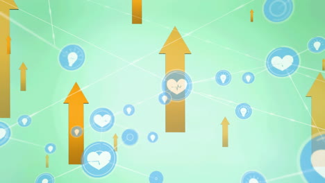 animation of network of connections with heart icons over arrows on green background