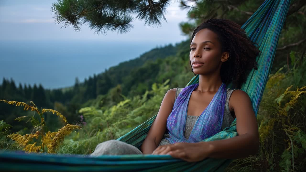 Une femme sereine profite de la nature en se prélassant dans un hamac, entourée d'une végétation luxuriante et de collines pittoresques, savourant la sérénité et la détente au bord de la mer.