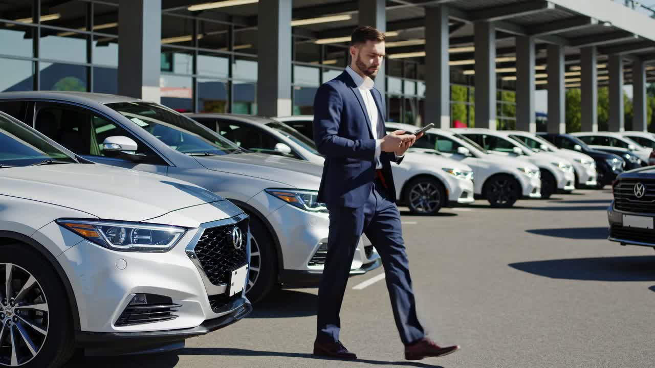 Businessman Examining Inventory in a Car Showroom