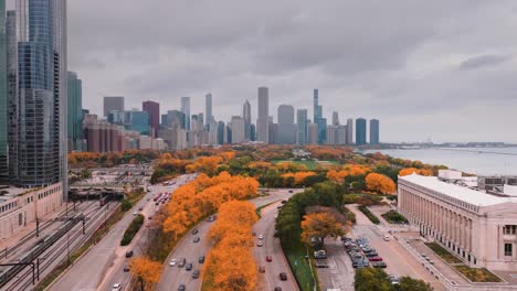 el horizonte de chicago desde soldier field con colores de otoño