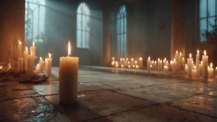 Una scena mistica illuminata dalla luce tremolante di una candela: uno spazio tranquillo immerso in luci soffuse e ombre eteree, sullo sfondo di una serena calma