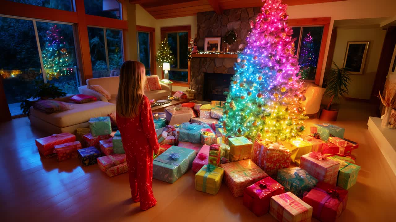 A Magical Holiday Evening: A Child Stands in Awe Before a Vibrantly Lit Christmas Tree Surrounded by Colorful Wrapped Gifts in a Cozy Living Room Setting