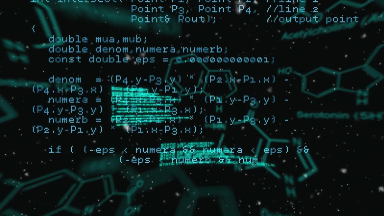 Animation of computer and scientific data processing on black background