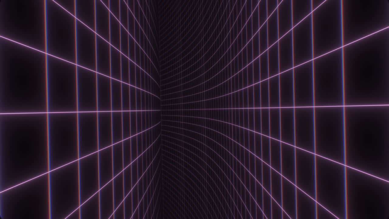 Fly Between Wavy Synthwave Neon Grid Planes Bending Corridor Path - 4K Seamless Loop Motion Background Animation