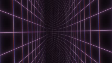 fly between wavy synthwave neon grid planes bending corridor path - 4k seamless loop motion background animation