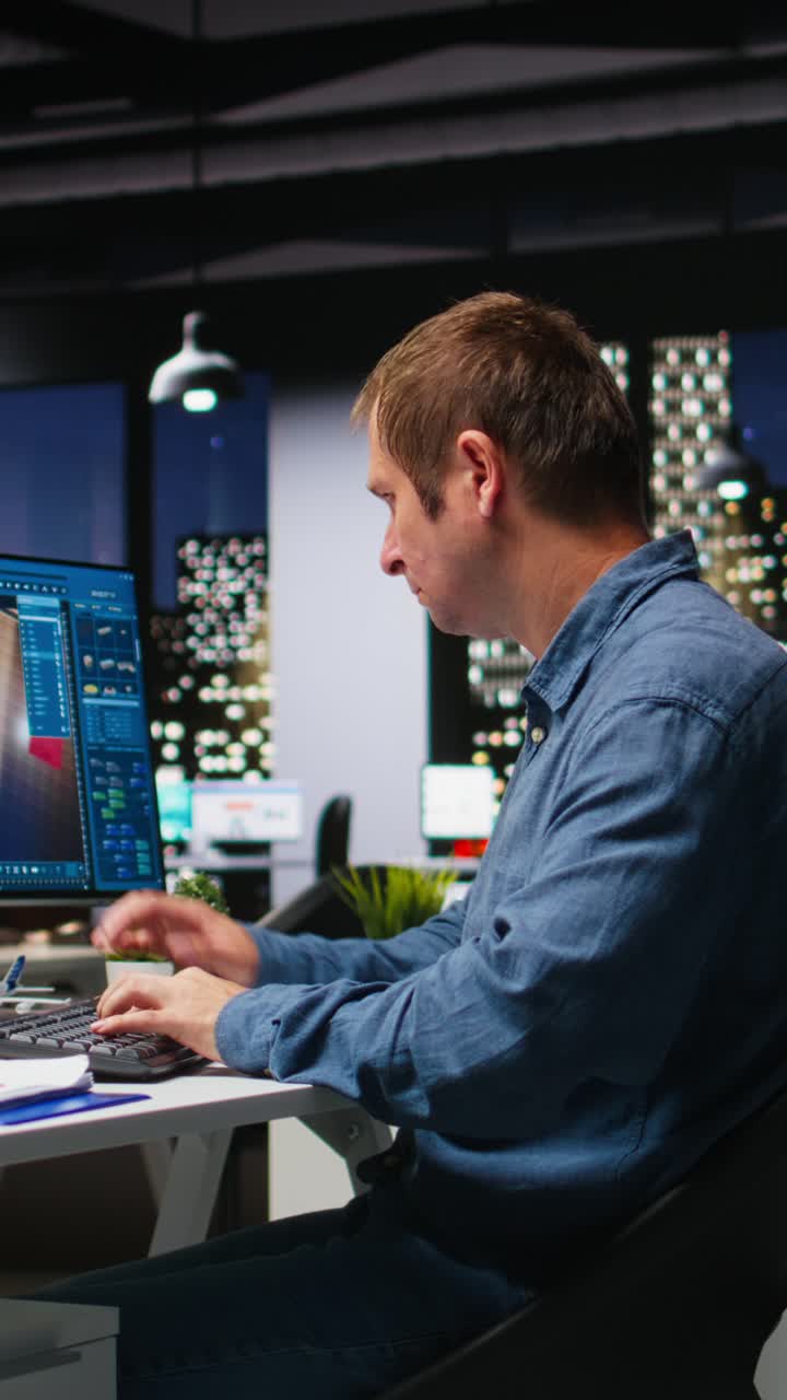 Vertical Video Expert designer decorating apartment floor plan using blueprints on pc