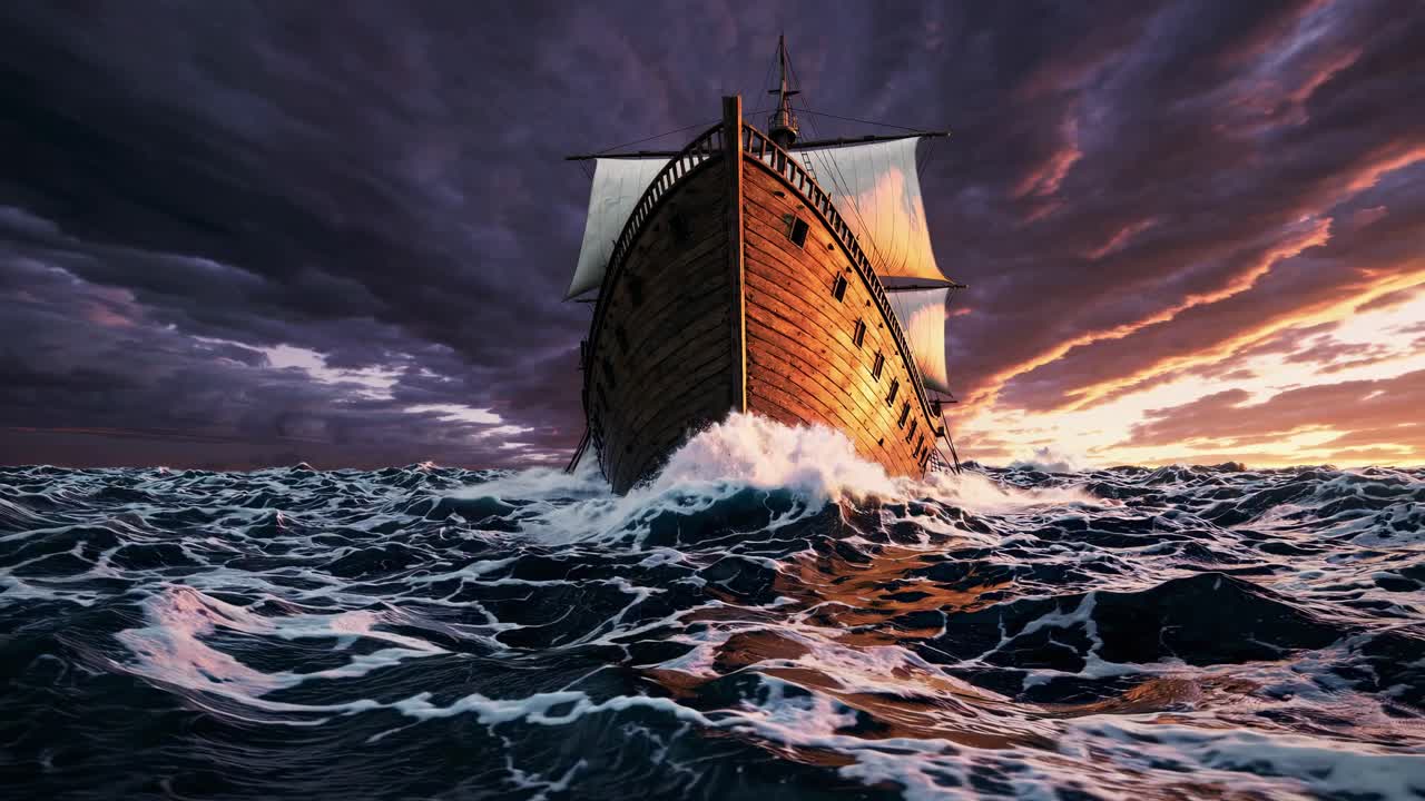 Ship sailing through a stormy sea at sunset