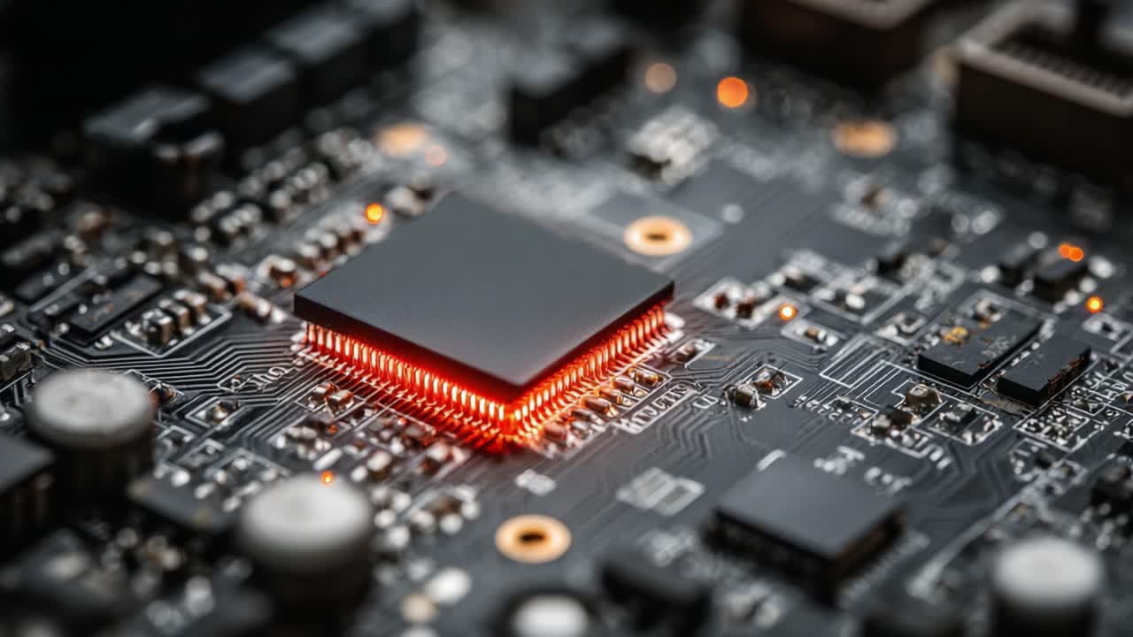 Nærbillede af en Højt Teknologisk Mikrochip på et Printplade med Oplyste Forbindelser, der Viser Avanceret Elektronik og Indviklet Design for Moderne Teknologi