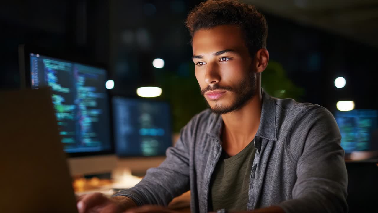 Focused individual engaging with a laptop in a dimly lit environment, showcasing concentration as multiple screens display digital data and programming throughout the evening