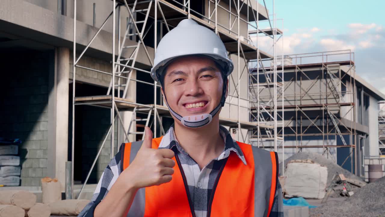 Close Up Of Asian Male Engineer With Safety Helmet Smiling And Showing Thumbs Up Gesture To The Camera While Standing At Building & Construction Site in Progress to New House