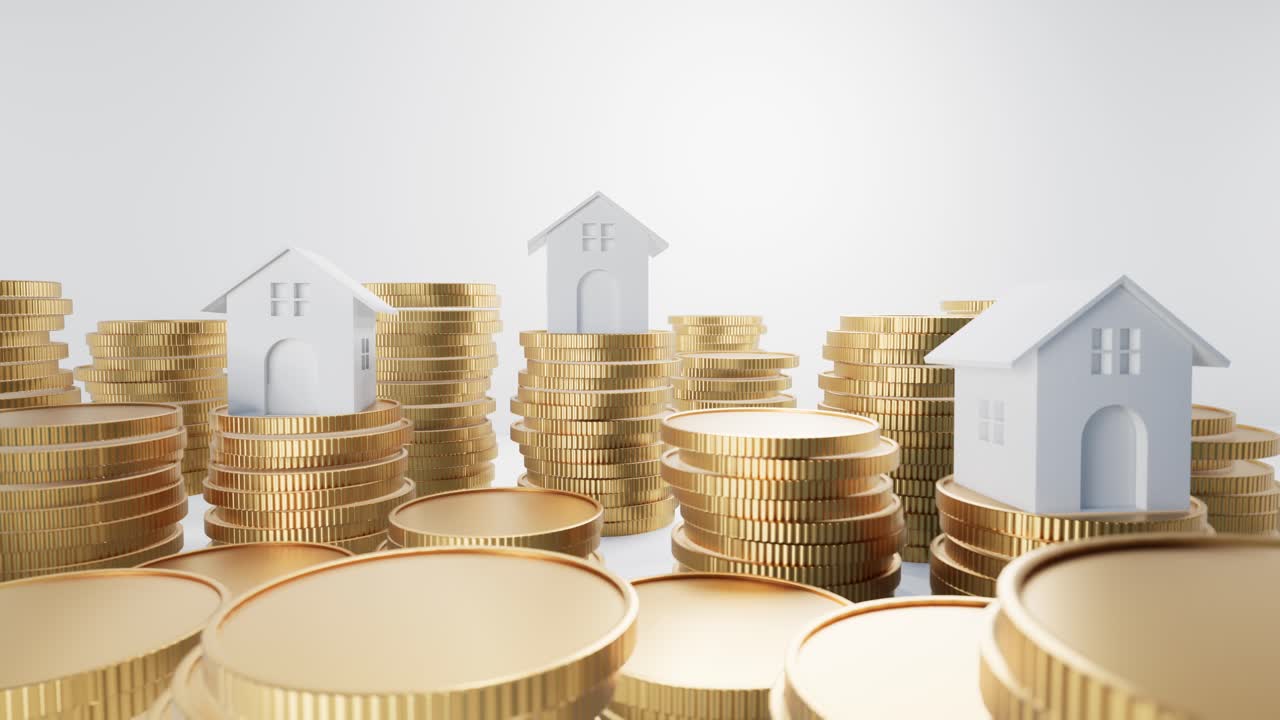 A Small House Surrounded By Rising Stacks Of Gold Coins, Illustrating The Concept Of Increasing Home Value And Investment