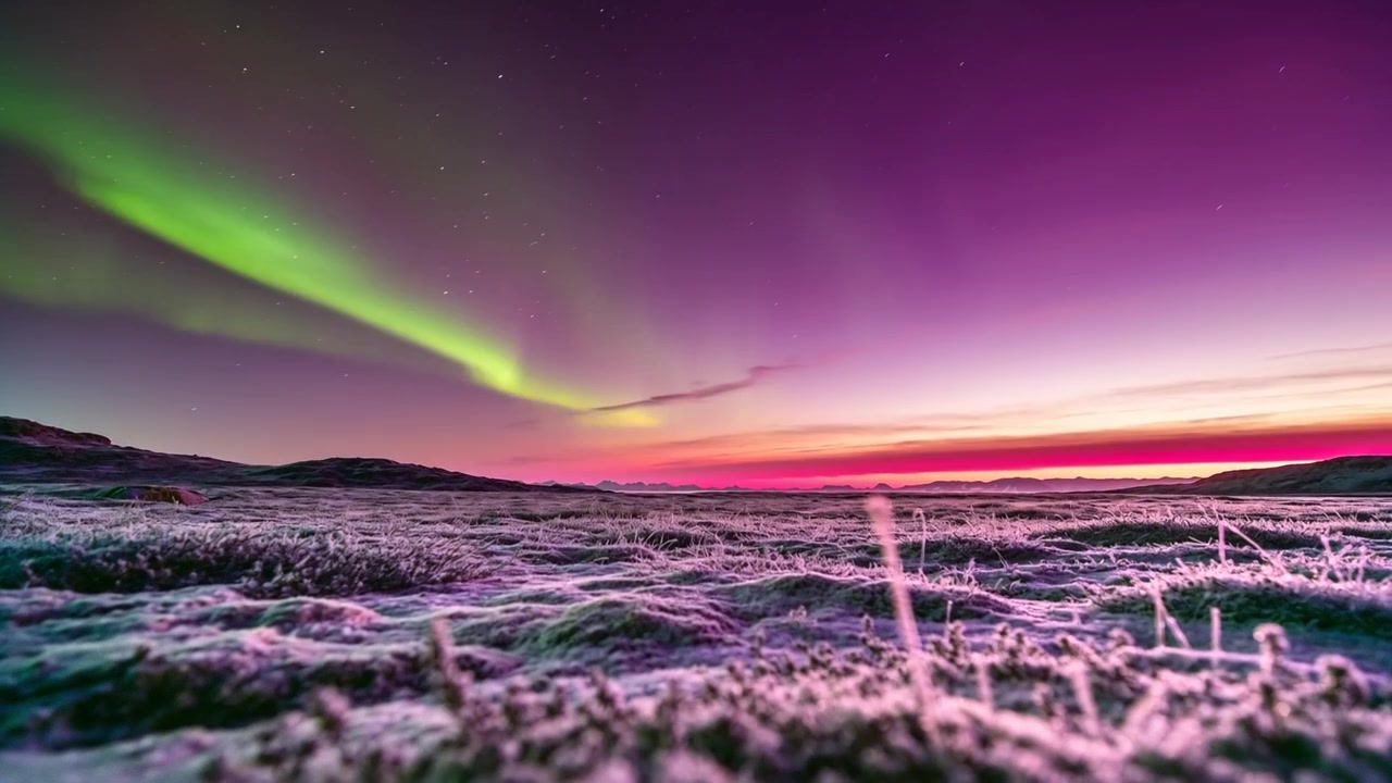 Feiende nordlysbelte beveger seg over en tundra i forgrunnen, og avslører frossen mose og rosa skumring.