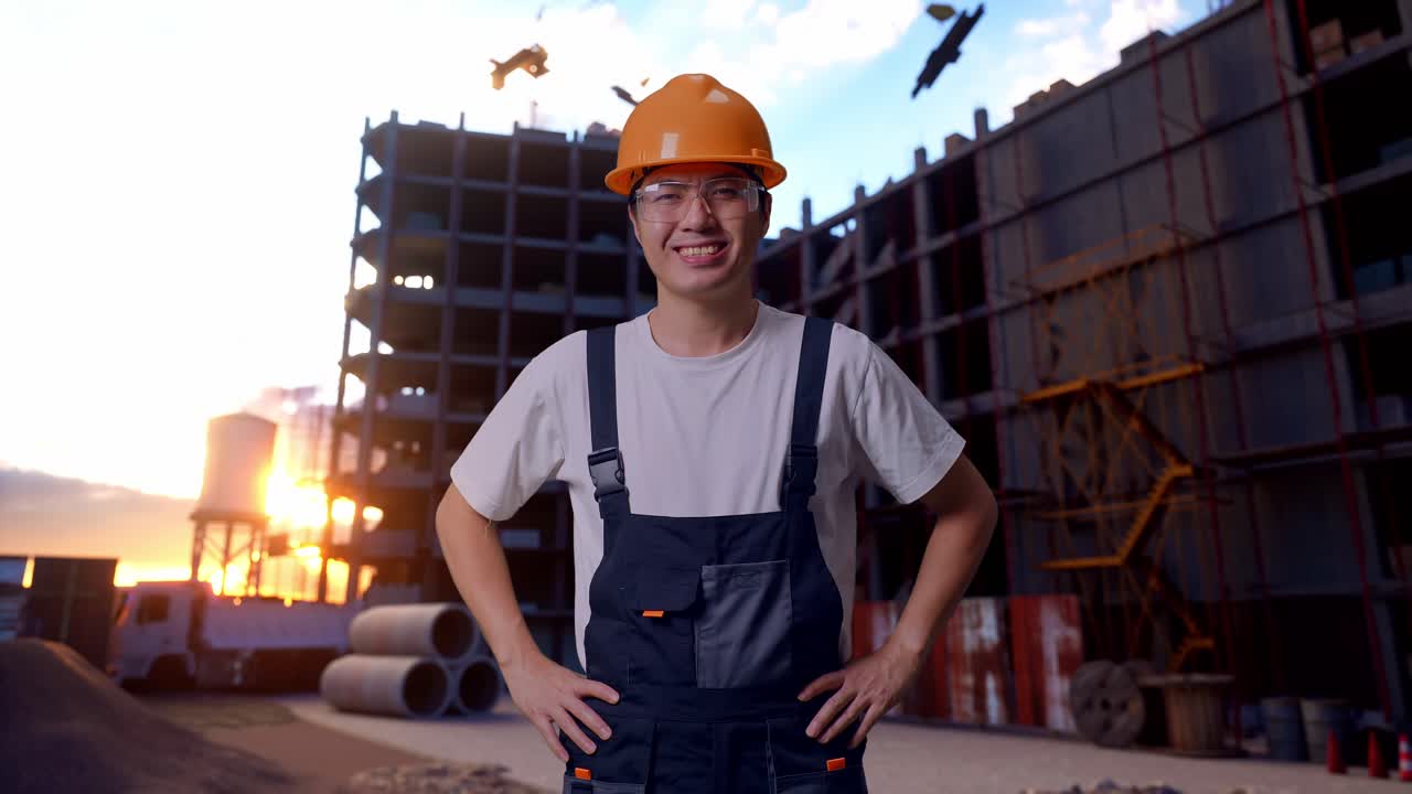 Asian Man Worker Arms Akimbo Looking At Camera And Smiling At Construction Site