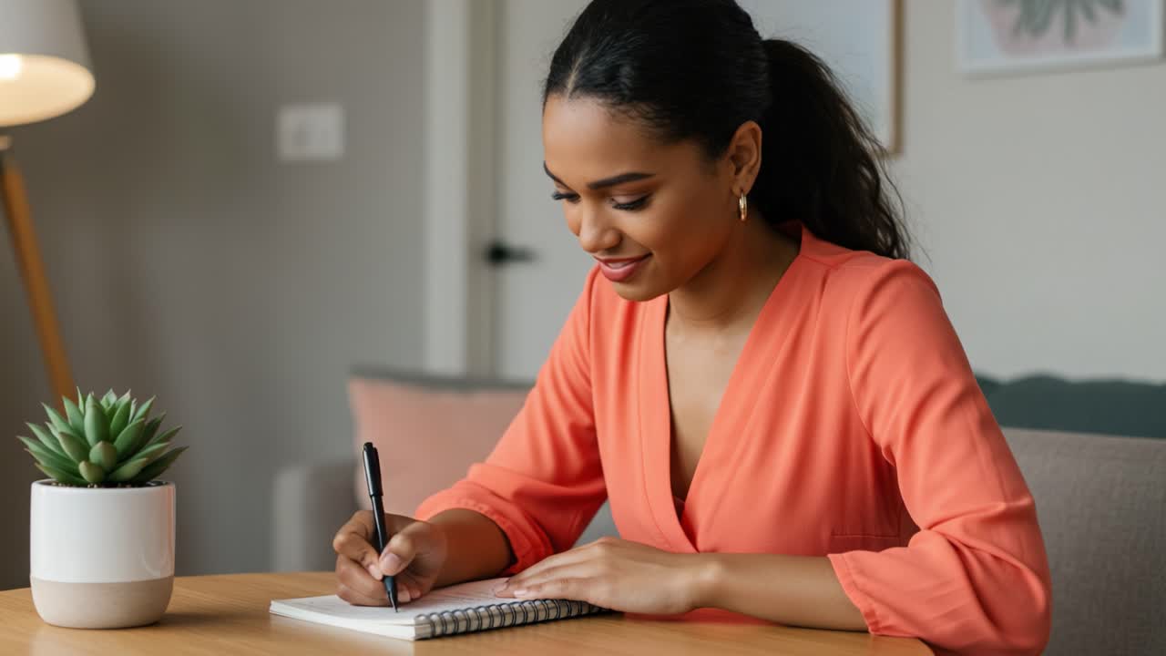 A Young Woman Diligently Writing in Her Notebook, Capturing Thoughts and Ideas in a Cozy Living Space with Natural Light and Stylish Decor