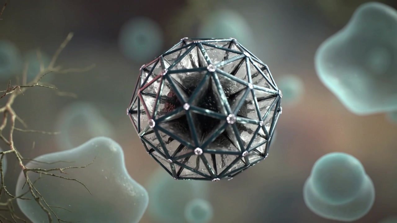 Rotating metal orb tilting forward as light shifting in lab, revealing faceted core, cells, fiber