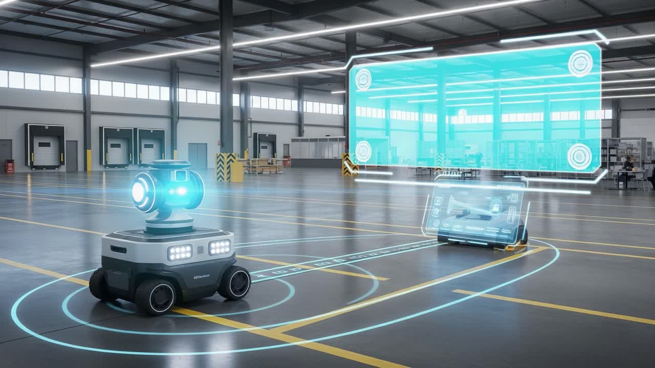Innovative Warehouse Robotics: A Futuristic Vision of Autonomous Robots Navigating Through an Advanced Logistics Facility with Real-Time Data Projection
