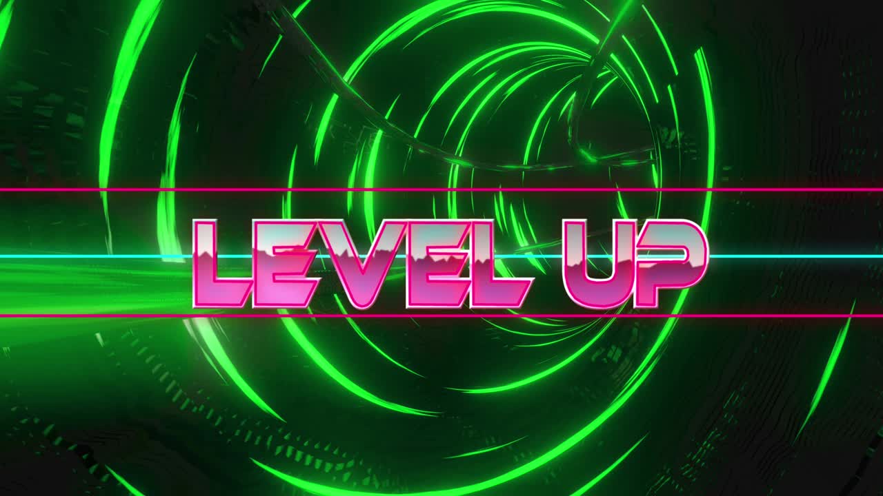 움직이는 디지털 터널 위에 레벨 업 텍스트의 애니메이션